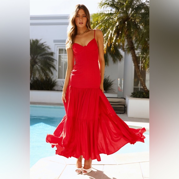 Hello Molly Seven Wonders Dixie Maxi Dress Fire Red w Slit - Picture 4 of 8